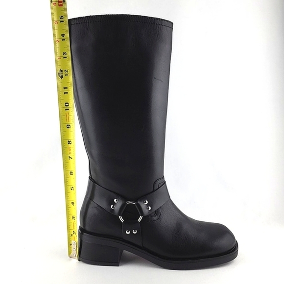 Yokono Women's Tall Black Leather Riding Biker Boots Strap Buckle Block Heel 39 - Picture 16 of 16